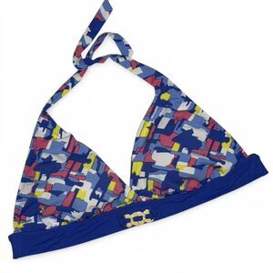 PERRY ELLIS Floral Geometric Halter Bikini Top Blue Pink Yellow Gold Ring 36D DD
